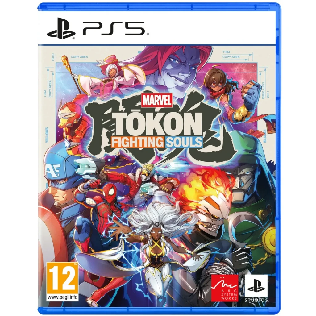 Videojogo Sony Marvel Tōkon: Fighting Souls Edição Standard PS5, vista frontal: capa com heróis Marvel, caixa azul PS5