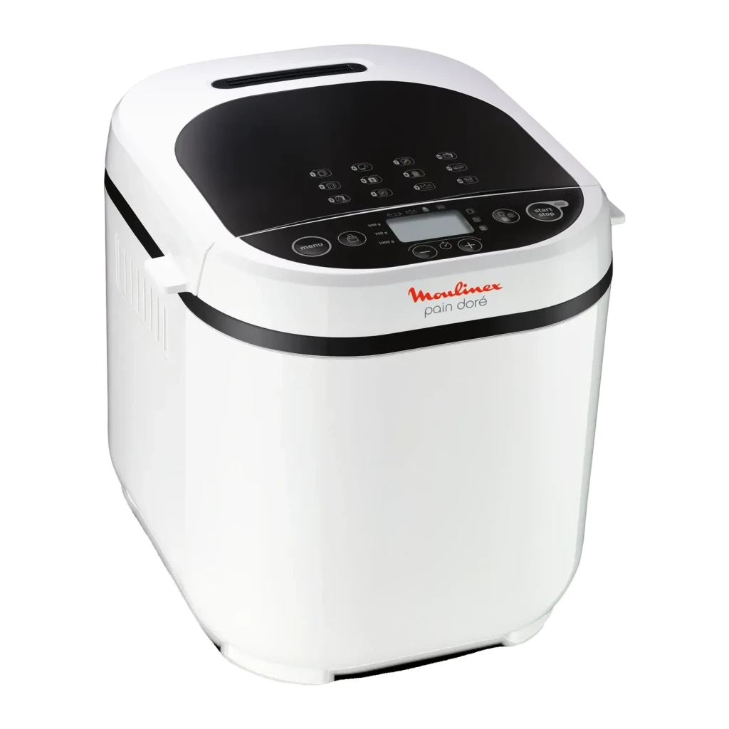 Machine à pain Moulinex Pain Doré 720W 1kg OW2101, vue de face: corps blanc avec panneau tactile noir, écran LCD et logo
