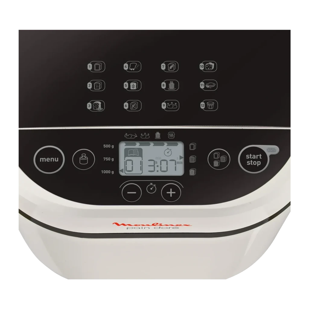 Machine à pain Moulinex Pain Doré 720W 1kg OW2101, détail: panneau de commande avec 12 programmes, écran LCD et boutons menu