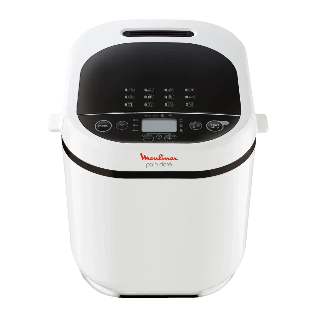 Machine à pain Moulinex Pain Doré 720W 1kg OW2101, détail avant: panneau de commande avec écran LCD, boutons de menu et logo