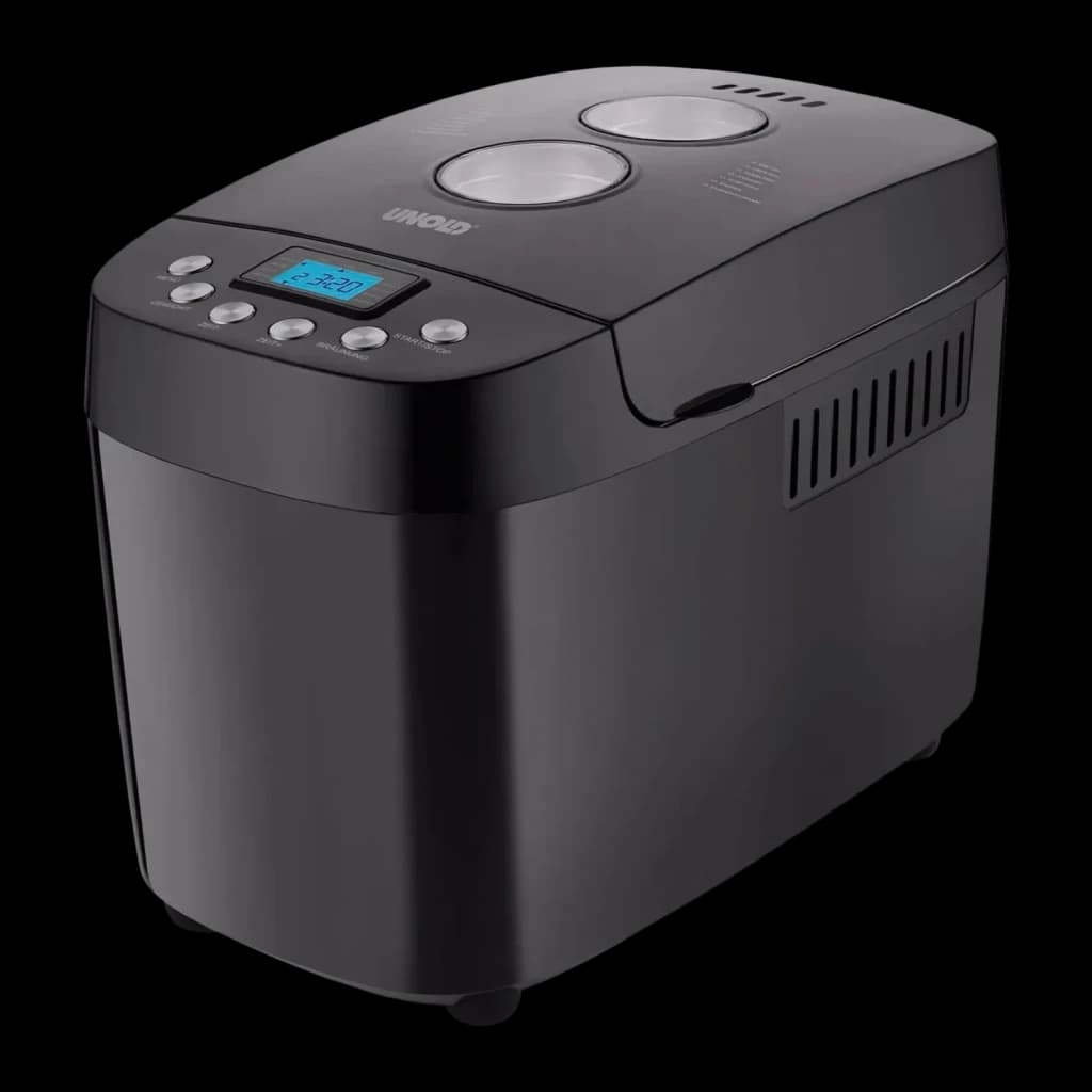 Machine à pain UNOLD Backmeister Big Black 850W jusqu'à 1500g 68525, vue de face: corps noir avec écran LCD bleu, boutons