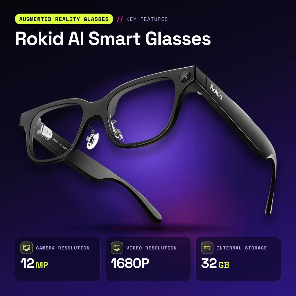 Rokid AI Smart Glasses Noir 12MP Audio Open-Ear Monture standard - caractéristiques