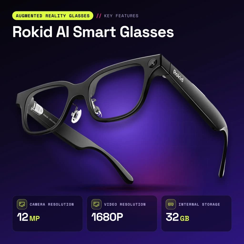 Rokid AI Smart Glasses Noir 12MP Audio Open-Ear Monture standard - caractéristiques