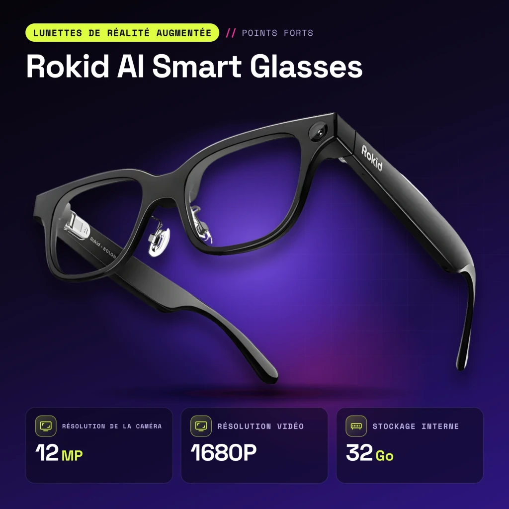 Rokid AI Smart Glasses Noir 12MP Audio Open-Ear Monture standard - caractéristiques