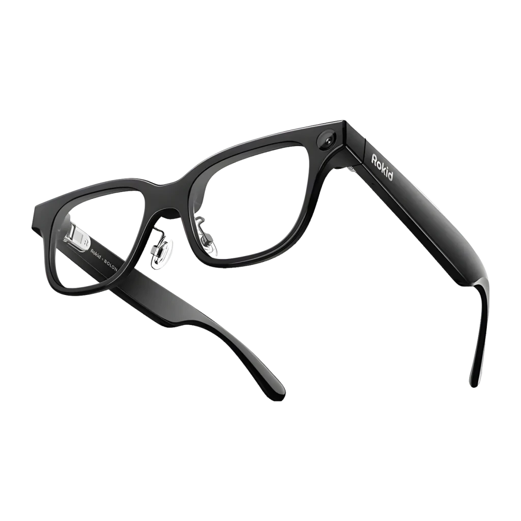 Rokid AI Smart Glasses Noir 12MP Audio Open-Ear Monture standard, vue diagonale arrière: monture noire, module caméra