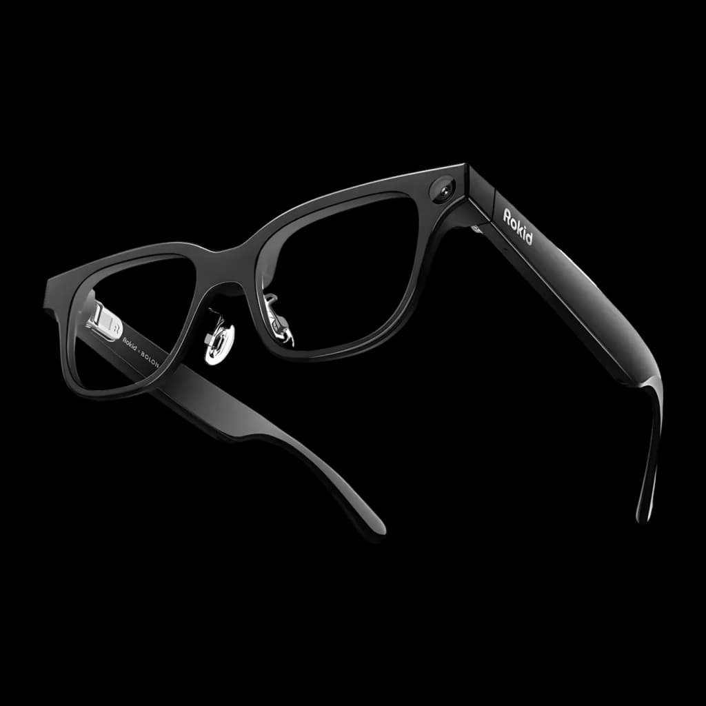 Rokid AI Smart Glasses Noir 12MP Audio Open-Ear Monture standard, vue diagonale arrière: monture noire, module caméra