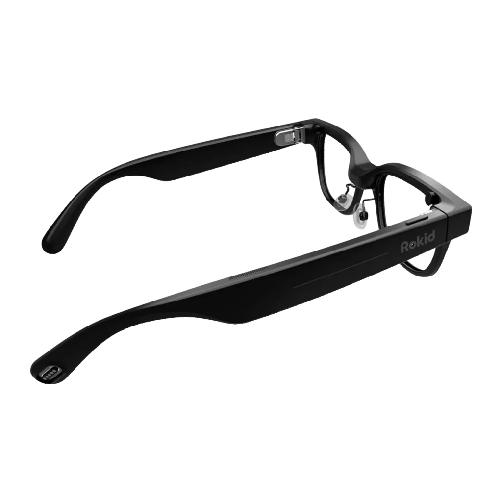 Rokid AI Smart Glasses Noir 12MP Audio Open-Ear Monture standard, vue arrière: branches avec haut-parleurs open-ear