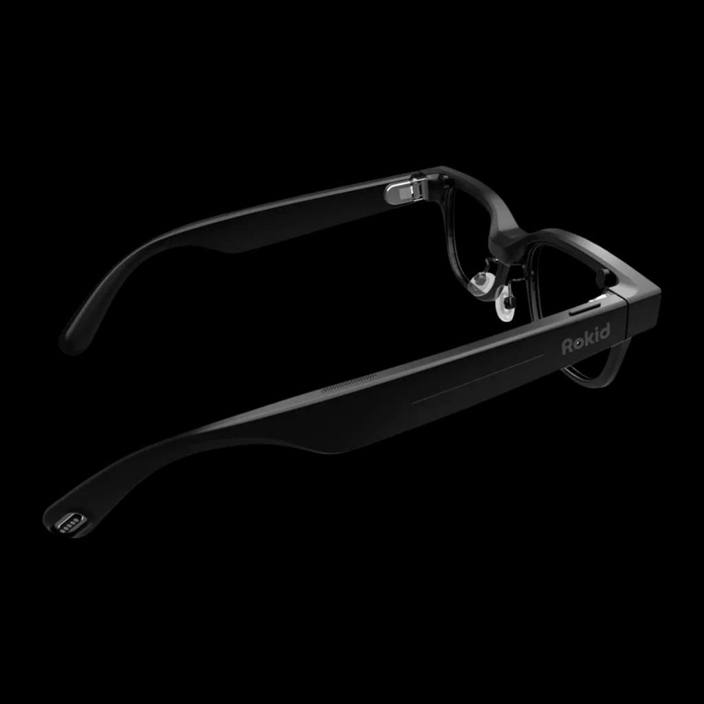 Rokid AI Smart Glasses Noir 12MP Audio Open-Ear Monture standard, vue arrière: branches avec haut-parleurs open-ear