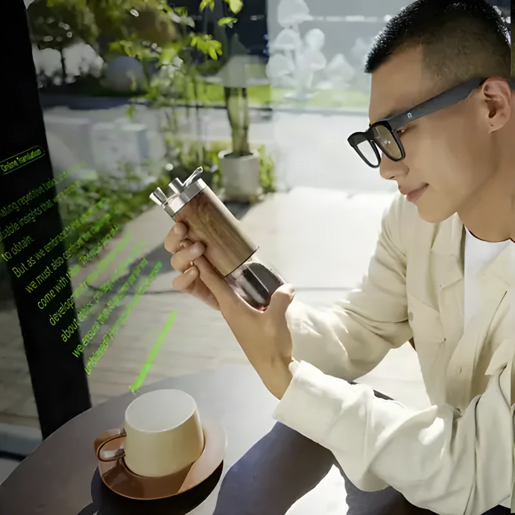 Rokid AI Smart Glasses Noir 12MP Audio Open-Ear Monture standard, usage: homme en café avec texte AR vert de traduction