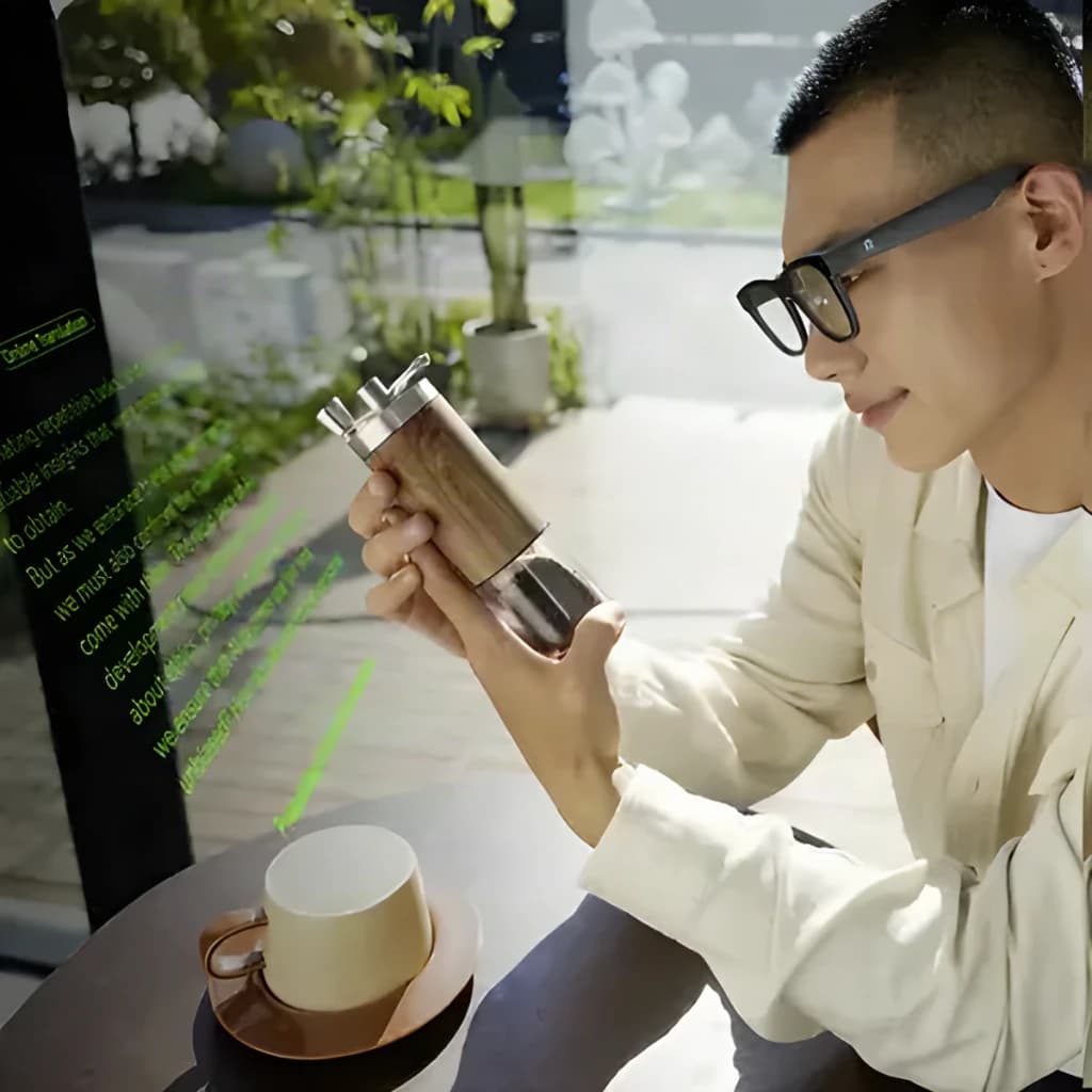 Rokid AI Smart Glasses Noir 12MP Audio Open-Ear Monture standard, usage: homme en café avec texte AR vert de traduction