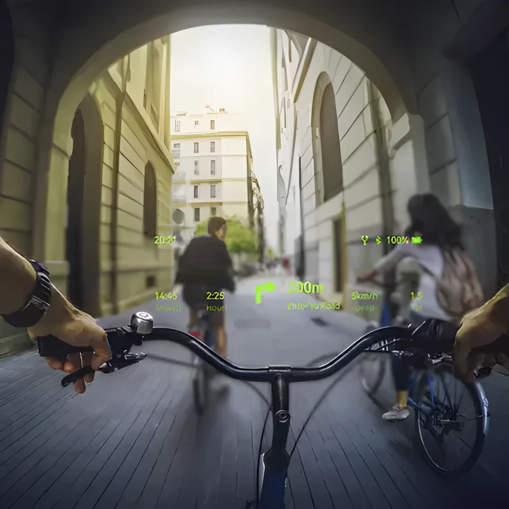 Rokid AI Smart Glasses Noir 12MP Audio Open-Ear Monture standard, vue POV vélo: HUD vert avec flèche de navigation, vitesse