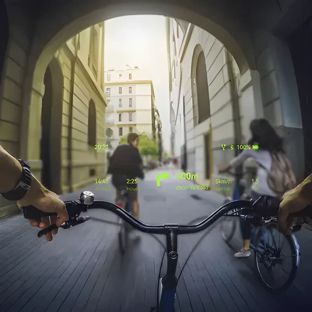 Rokid AI Smart Glasses Noir 12MP Audio Open-Ear Monture standard, vue POV vélo: HUD vert avec flèche de navigation, vitesse
