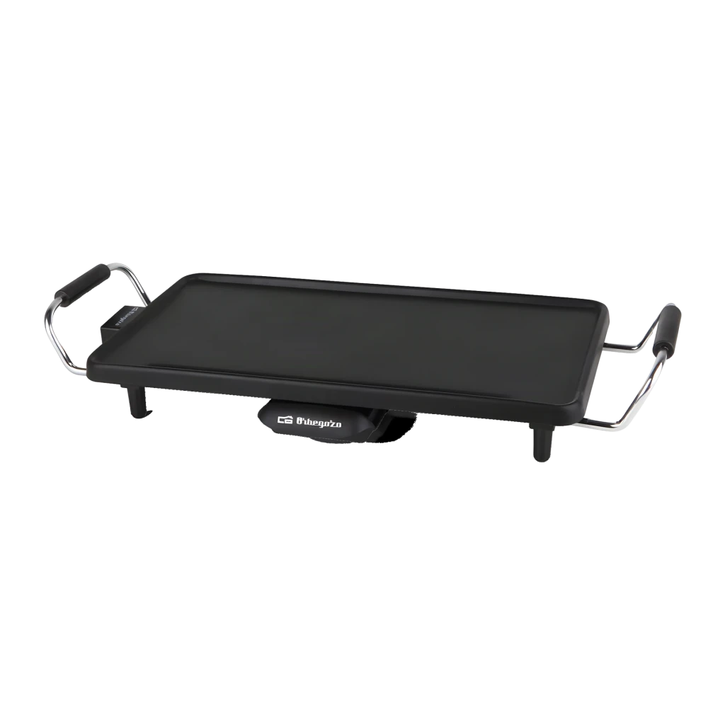 Plancha de asar Orbegozo TB 2203 2000W 220x430mm Negro, vista frontal: superficie antiadherente negra, asas cromadas