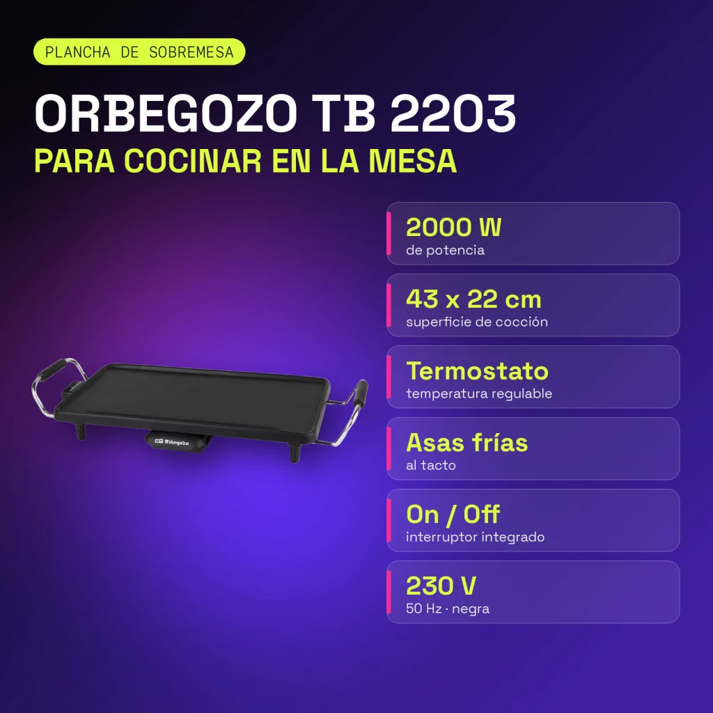 Plancha de asar Orbegozo TB 2203 2000W 220x430mm Negro, infografía: especificaciones técnicas con plancha en vista lateral