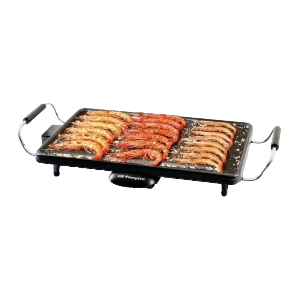 Plancha de asar Orbegozo TB 2203 2000W 220x430mm Negro, detalle: superficie antiadherente con gambas a la plancha y asas