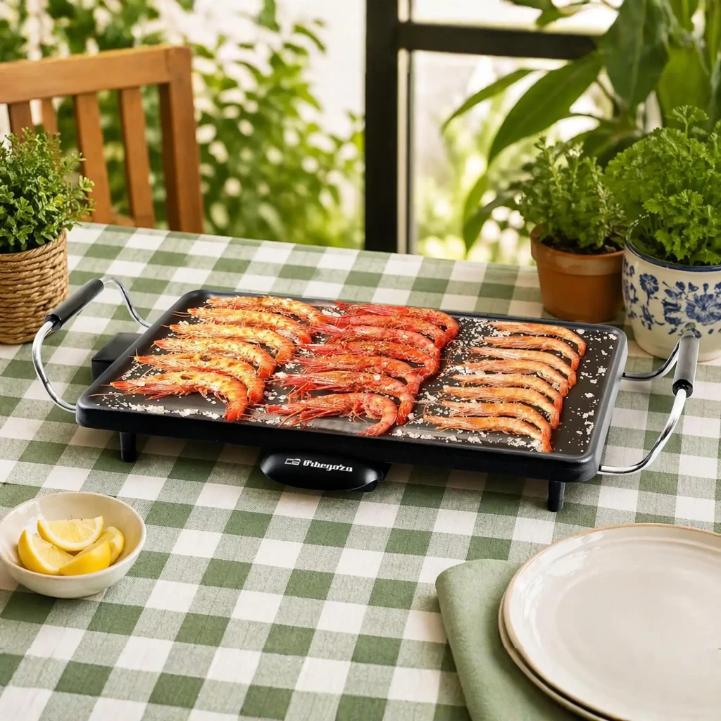 Plancha de asar Orbegozo TB 2203 2000W 220x430mm Negro, en uso: gambas a la sal sobre superficie antiadherente en mesa