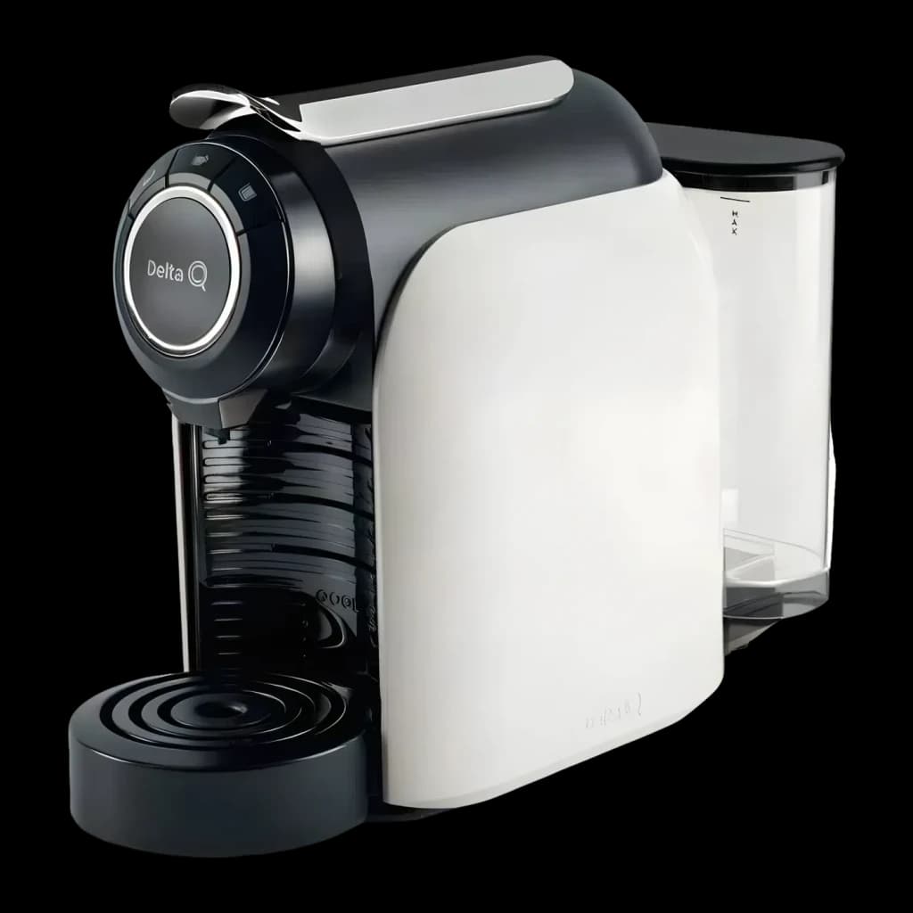 Máquina de Cápsulas Delta Q Qool Evolution 1L 19bar 1200W Branco, vista frontal: corpo branco e preto com botão circular