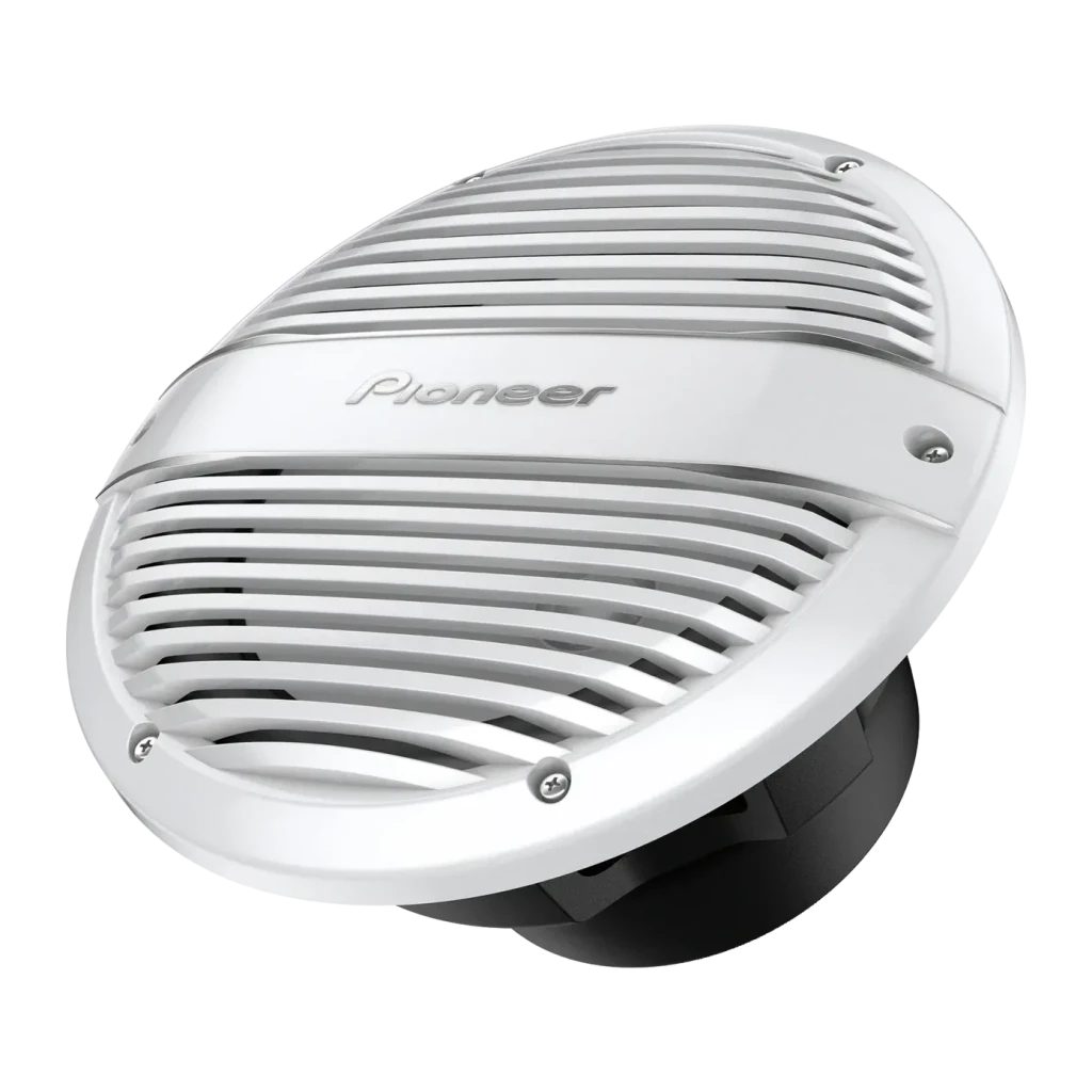 Subwoofer marino Pioneer 300W RMS 4 Ω Blanco TS-ME100WC, vista frontal: rejilla blanca con logo Pioneer y tornillos