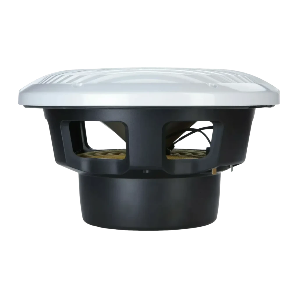 Subwoofer marino Pioneer 300W RMS 4 Ω Blanco TS-ME100WC, detalle lateral: cesta negra con ranuras y bobina dorada visible