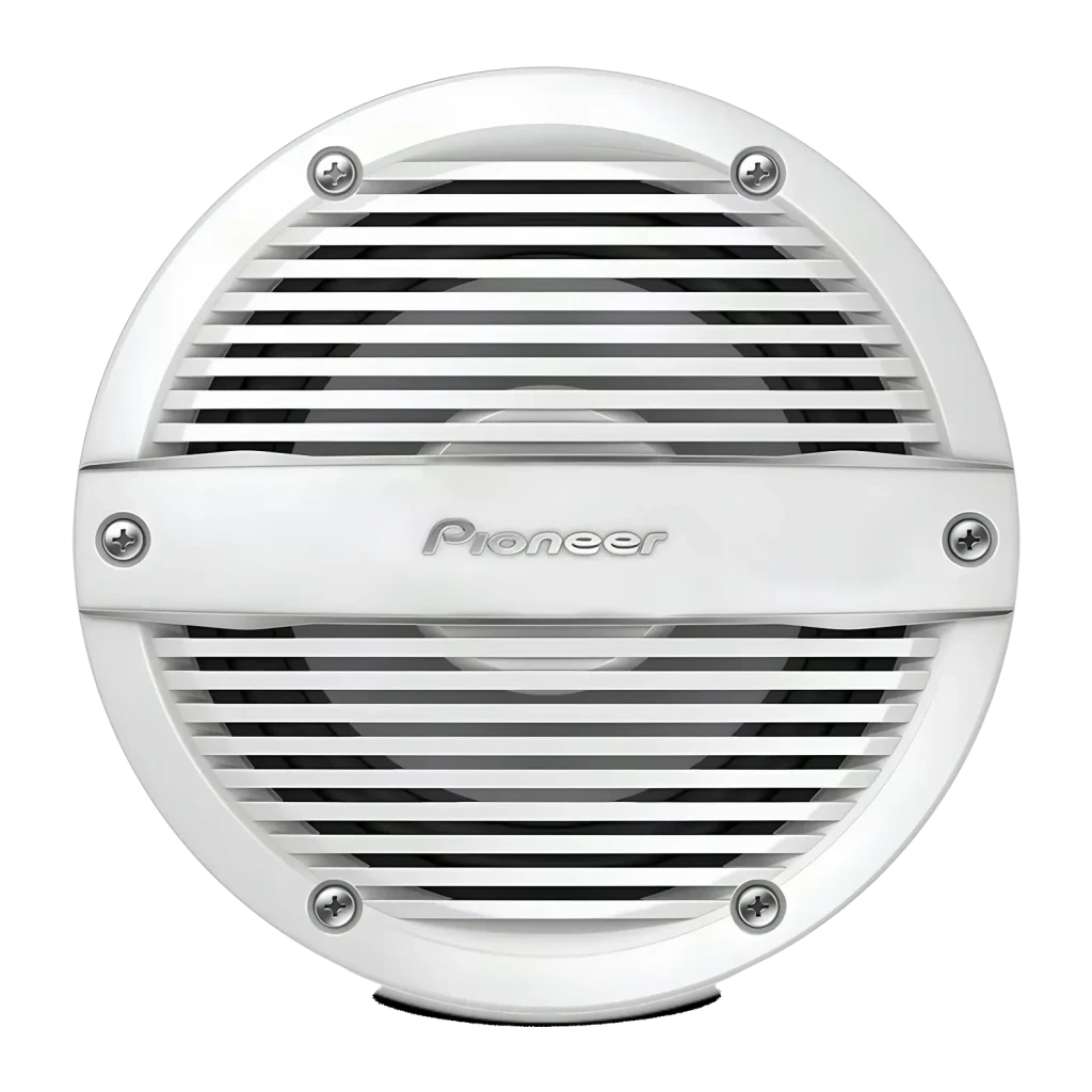 Subwoofer marino Pioneer 300W RMS 4 Ω Blanco TS-ME100WC, detalle frontal: rejilla blanca con logo Pioneer y 4 tornillos