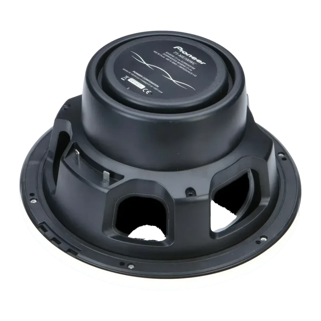 Subwoofer marino Pioneer 300W RMS 4 Ω Blanco TS-ME100WC, vista trasera: cesta negra con ventanas, imán y etiqueta técnica