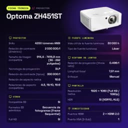 Proyector Optoma Láser Tiro Corto Full HD 1080p 4200 Lúmenes ANSI Blanco ZH451ST - características