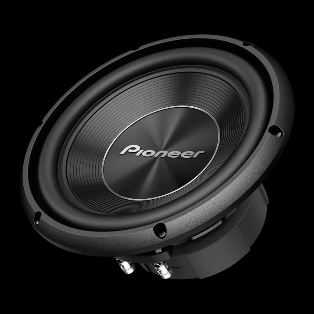Subwoofer pour voiture Pioneer 1300W RMS Noir TS-A250S4, vue avant: cône strié, logo Pioneer sur la calotte et bornes