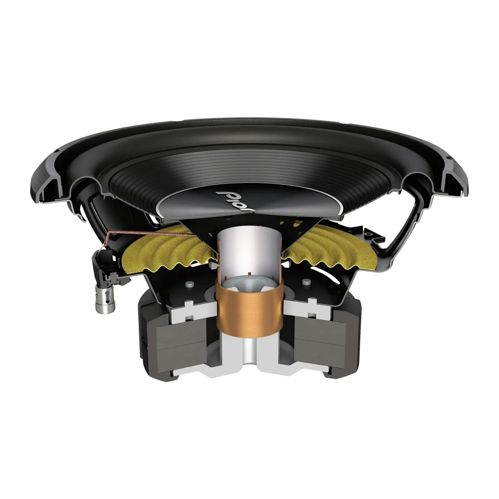 Subwoofer pour voiture Pioneer 1300W RMS Noir TS-A250S4, coupe transversale: bobine mobile, araignée jaune et aimants