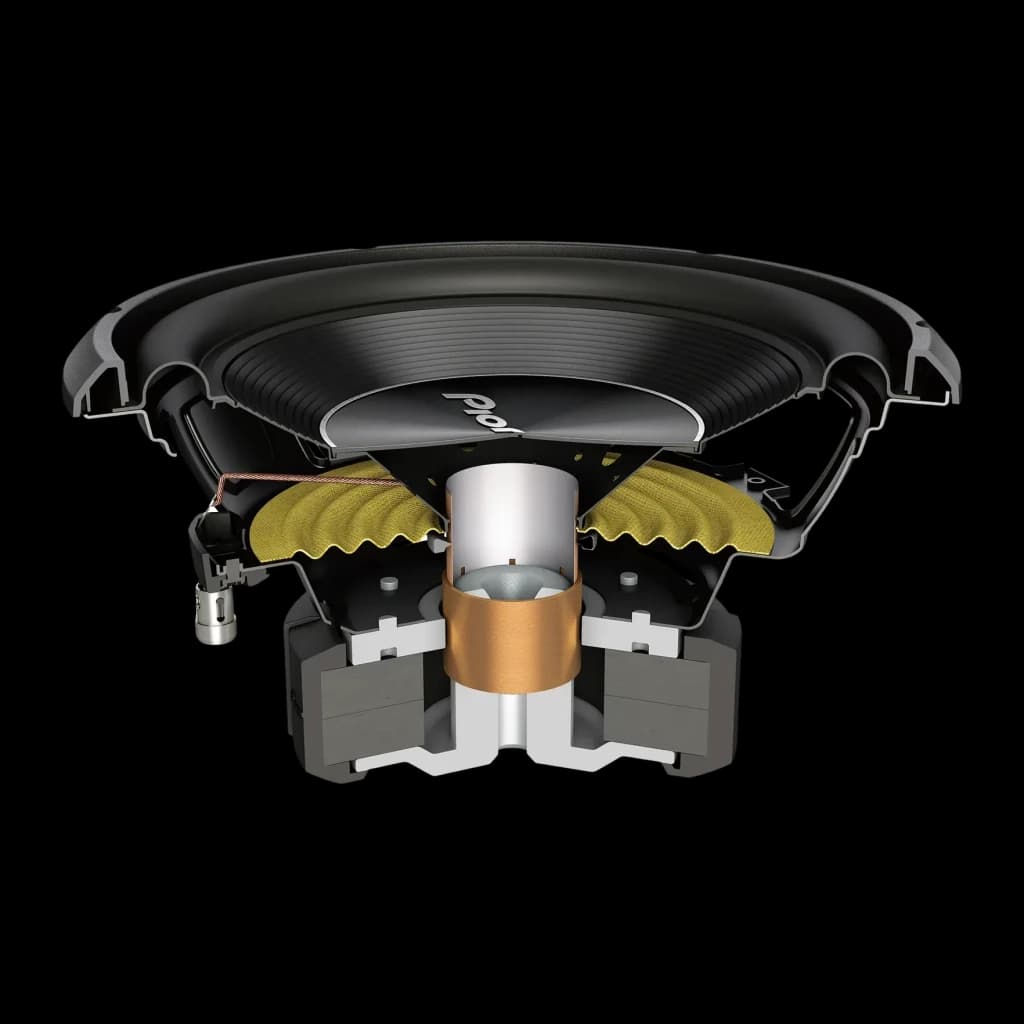 Subwoofer pour voiture Pioneer 1300W RMS Noir TS-A250S4, coupe transversale: bobine mobile, araignée jaune et aimants