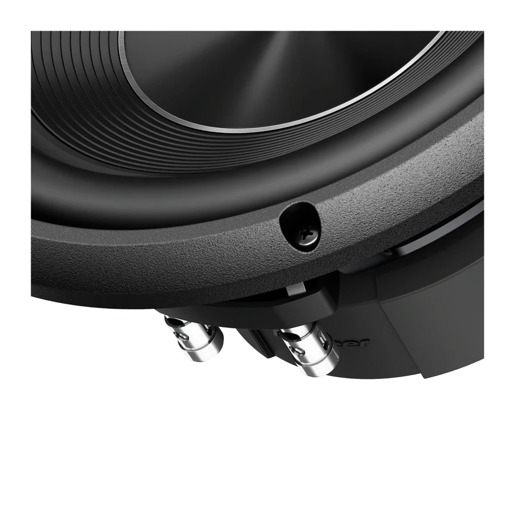 Subwoofer pour voiture Pioneer 1300W RMS Noir TS-A250S4, détail: bornes de connexion argentées et pourtour du cône en gros