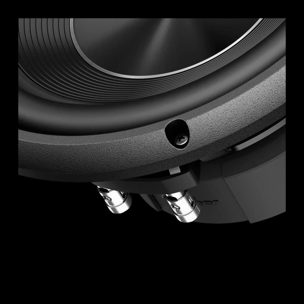 Subwoofer pour voiture Pioneer 1300W RMS Noir TS-A250S4, détail: bornes de connexion argentées et pourtour du cône en gros