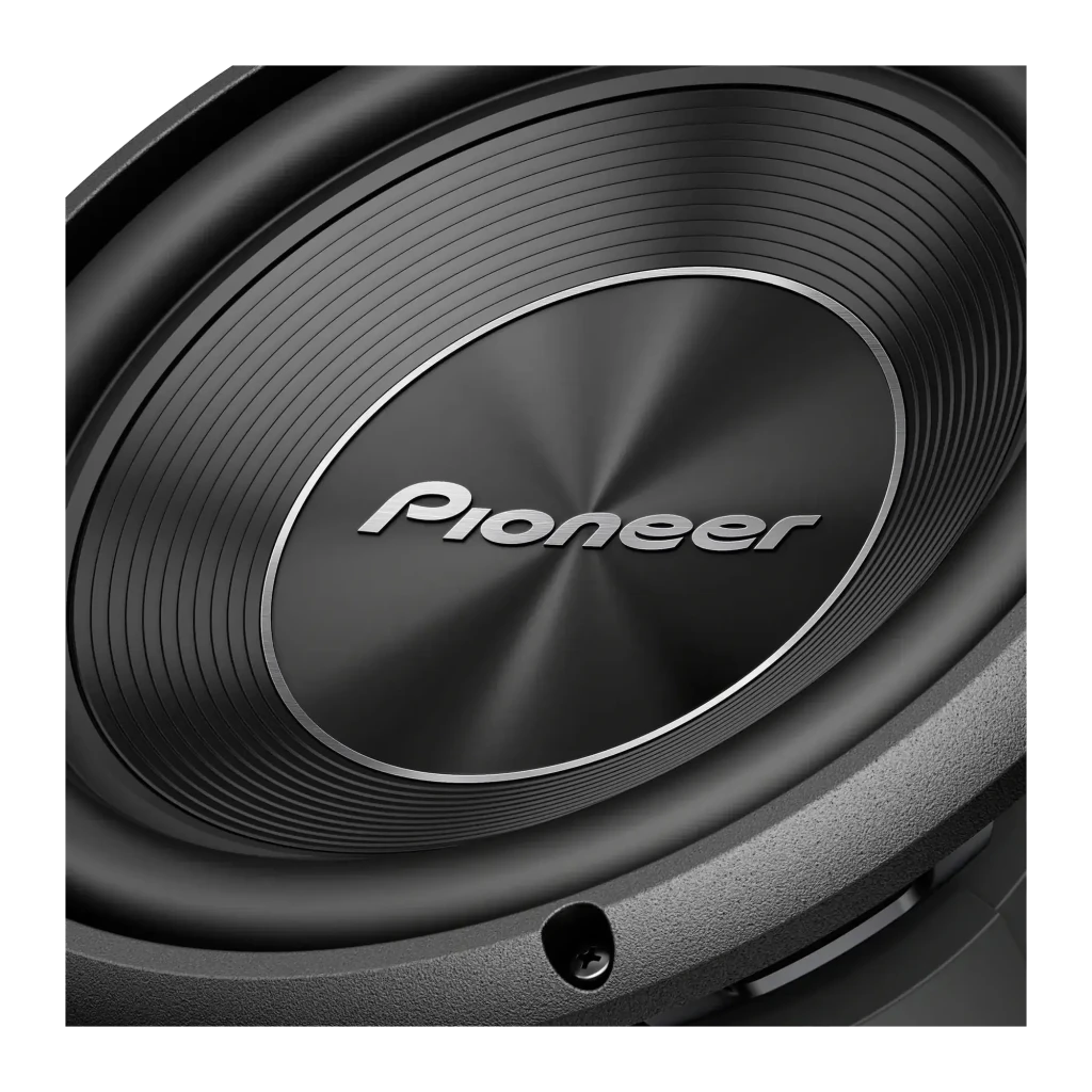 Subwoofer pour voiture Pioneer 1300W RMS Noir TS-A250S4, détail: cône strié et dust cap métallique avec logo Pioneer