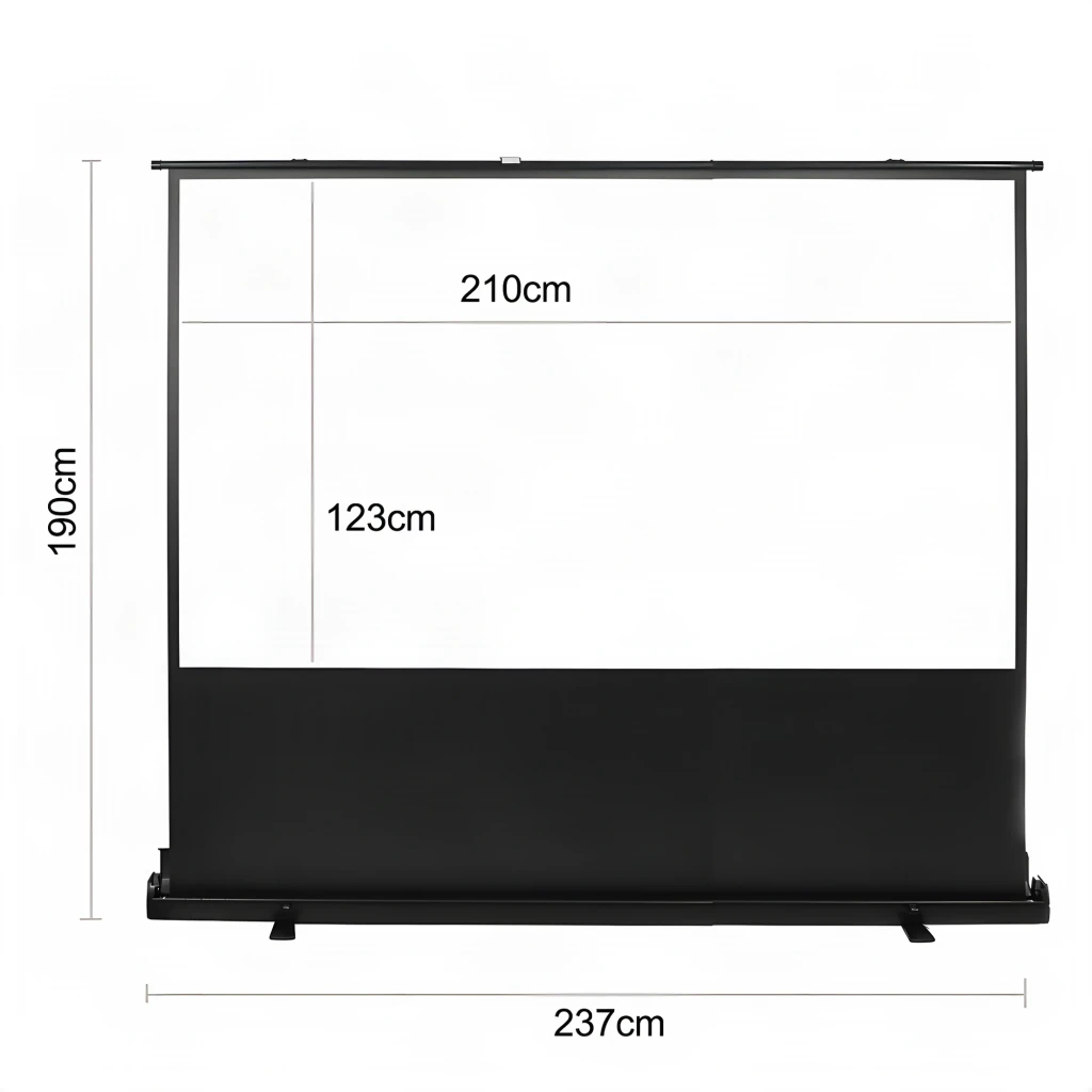 Écran de Projection Maclean Blanc MC-964, vue de face: cotes 210x123cm surface et 237x190cm total avec socle noir