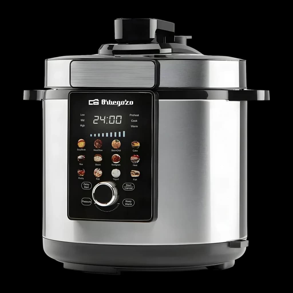 Cuiseur programmable Orbegozo HPE 6500 6L 1000W Acier Inoxydable, vue de face: panneau tactile avec minuterie 24h, modes