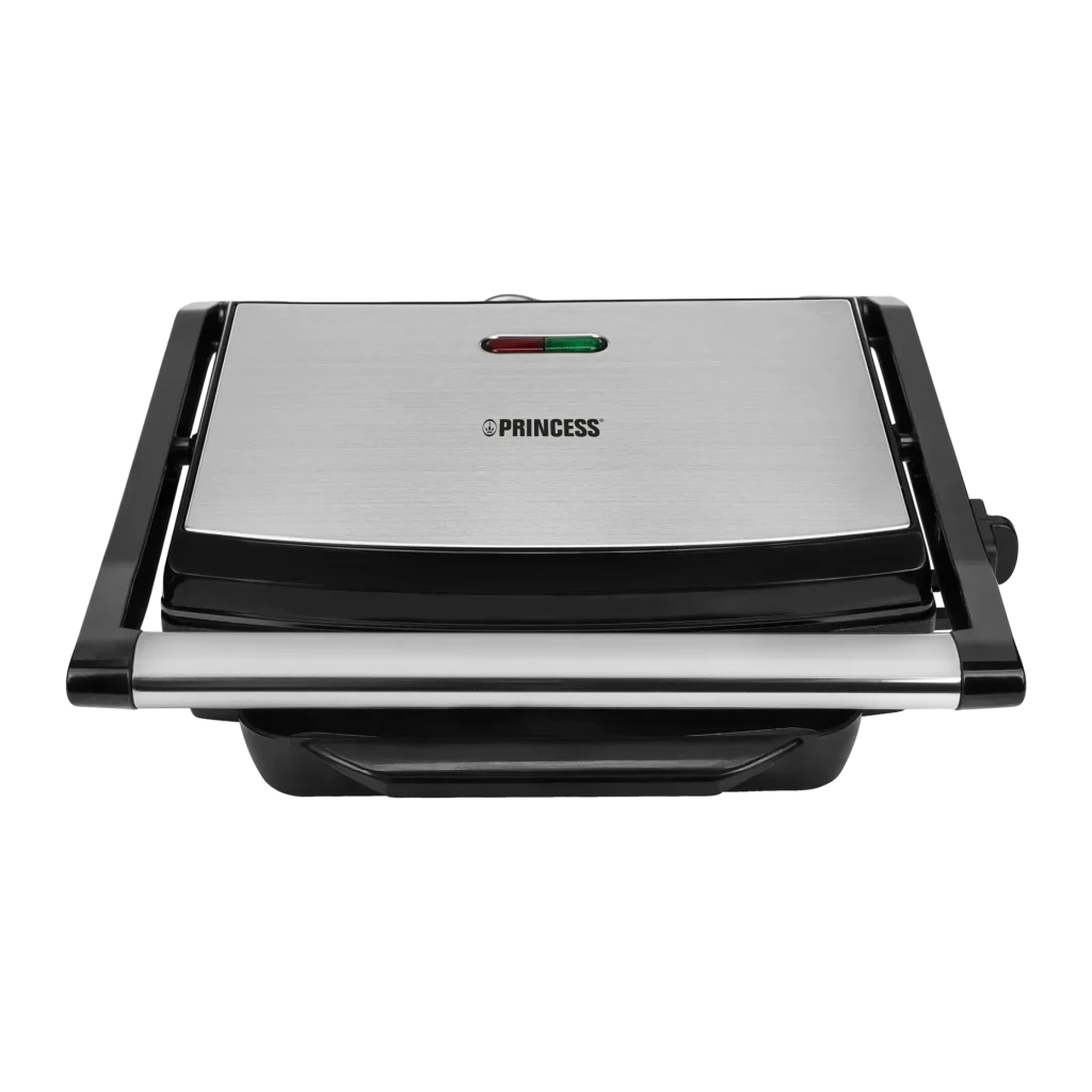 Princess Panini Grill 2000W Plata/Negro 112415, vista frontal: tapa de acero cepillado con logo y luces indicadoras roja