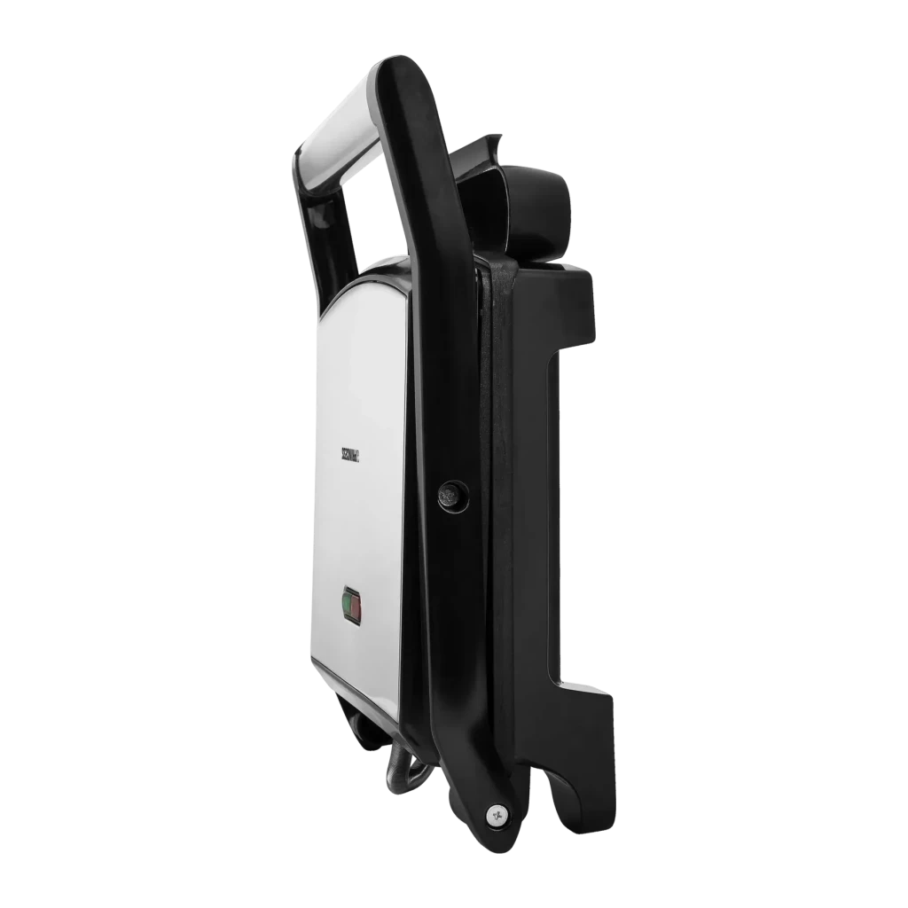 Princess Panini Grill 2000W Plata/Negro 112415, detalle lateral: asa negra, cuerpo plateado, indicador bicolor y bisagra
