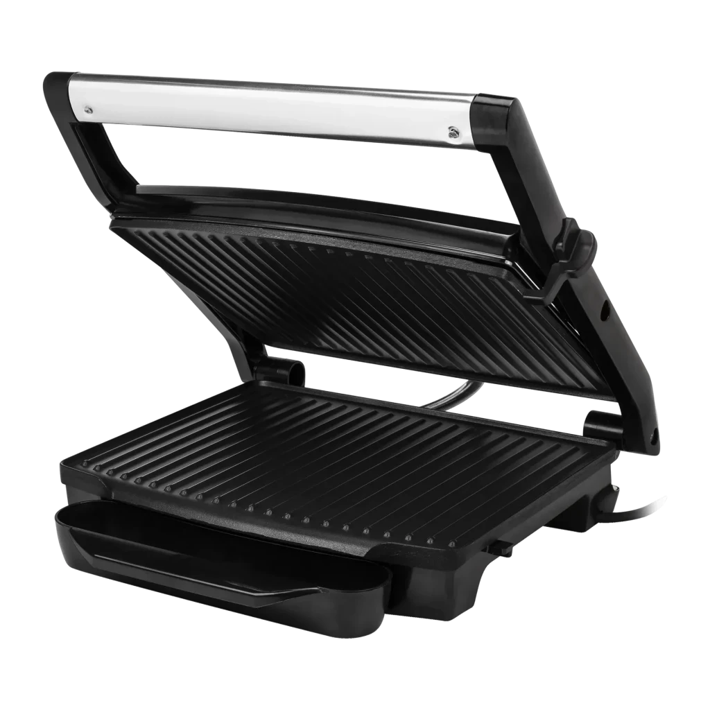 Princess Panini Grill 2000W Plata/Negro 112415, detalle: placas acanaladas antiadherentes abiertas y bandeja recogegrasas