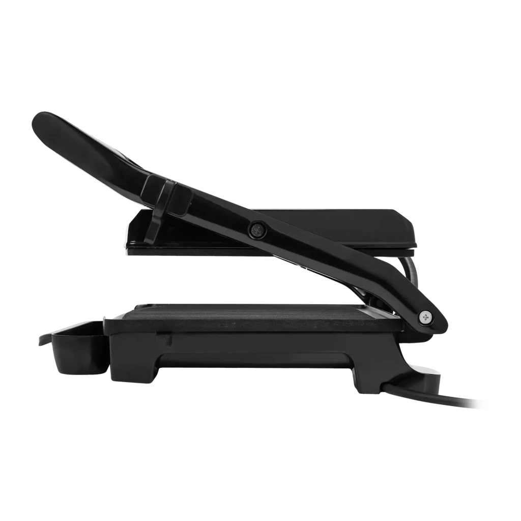 Princess Panini Grill 2000W Plata/Negro 112415, detalle lateral: tapa abierta, bisagra y bandeja inferior visibles