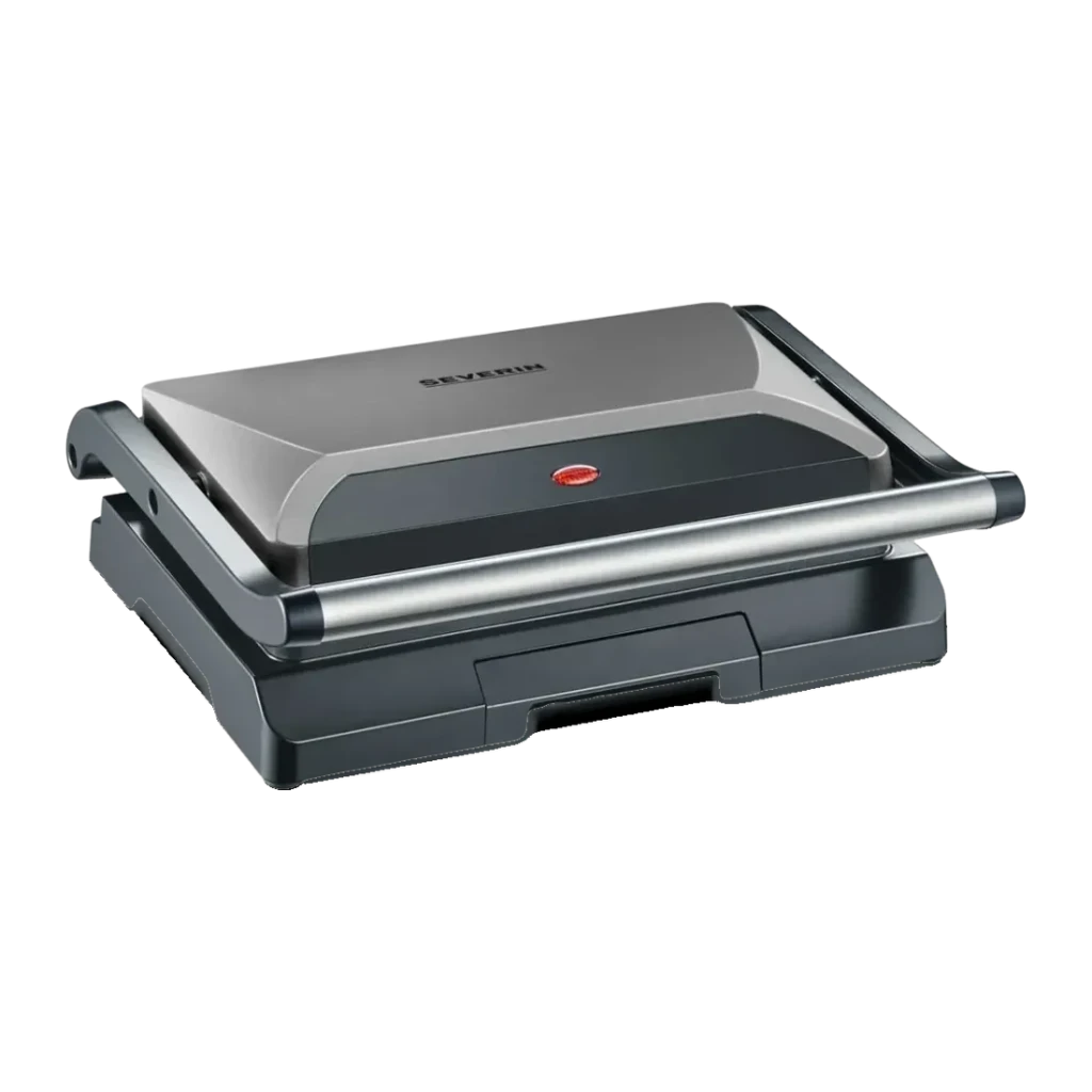Grill de contacto Severin 800W KG 2394, vista frontal: tapa inox con logo, asa tubular plateada e indicador rojo