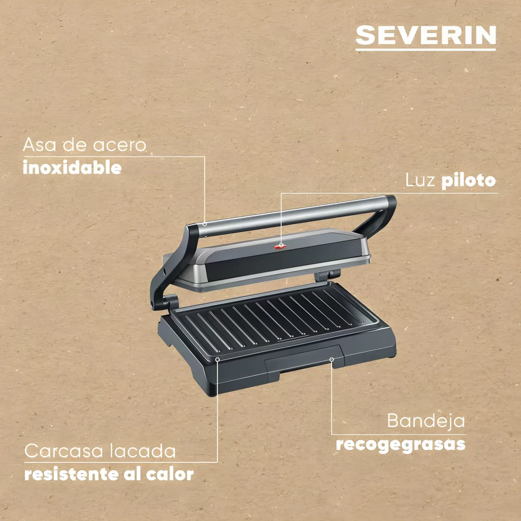 Grill de contacto Severin 800W KG 2394, infografía: asa inoxidable, luz piloto, carcasa lacada y bandeja recogegrasas