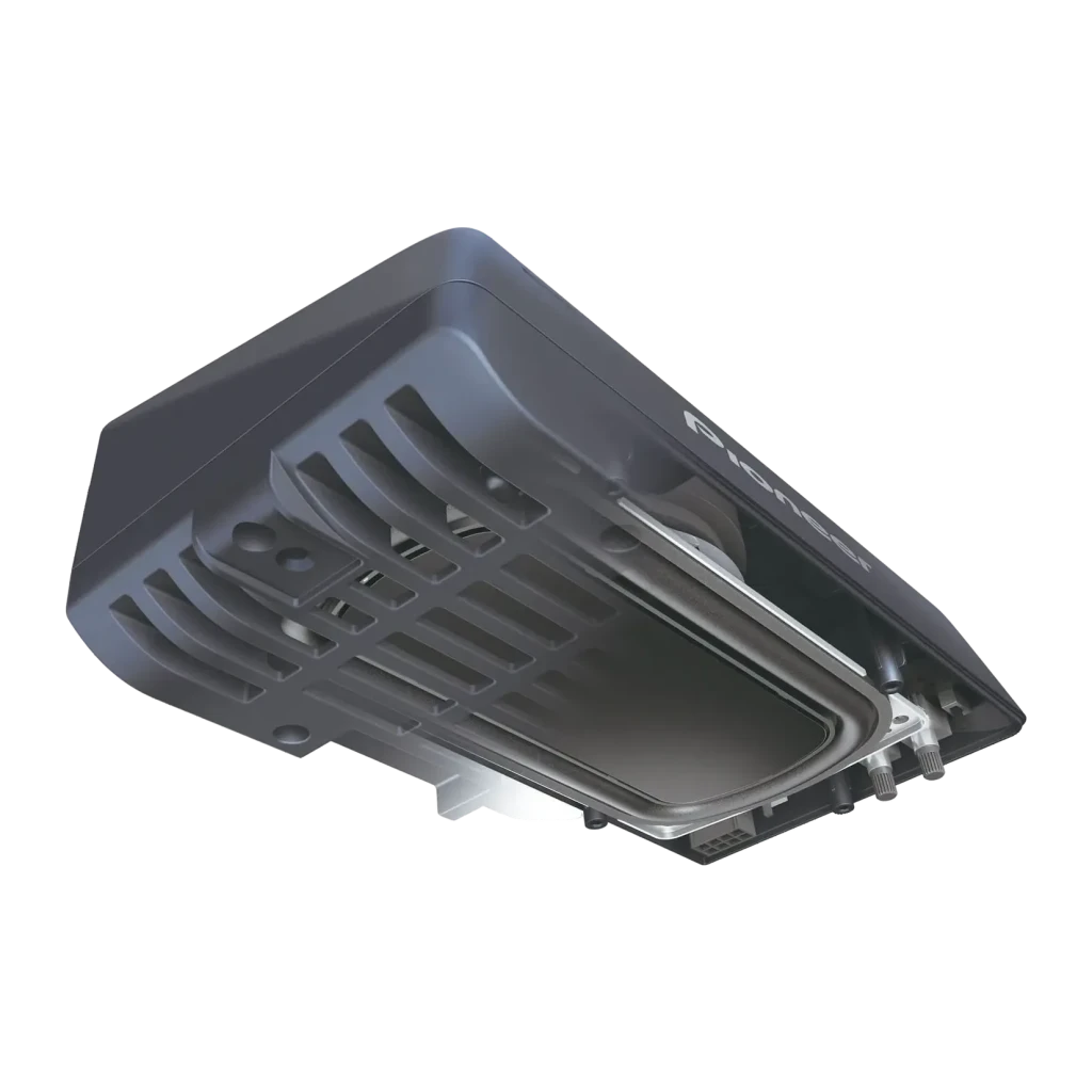 Caisson de basses Pioneer Actif 50W RMS Noir TS-WX010A pour voiture, détail: dessous avec grilles de ventilation et vis