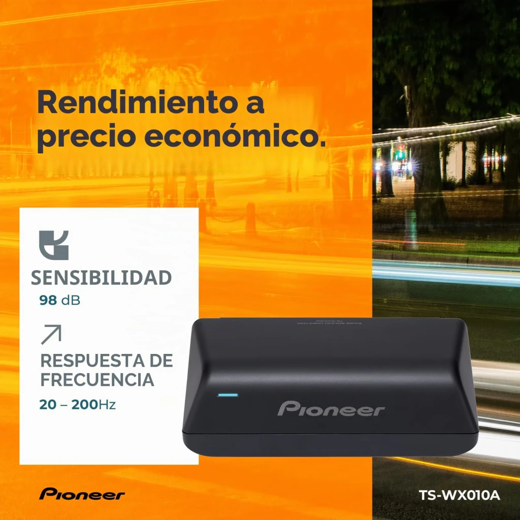 Caisson de basses Pioneer Actif 50W RMS Noir TS-WX010A pour voiture, infographie: sensibilité 98dB et réponse 20-200Hz