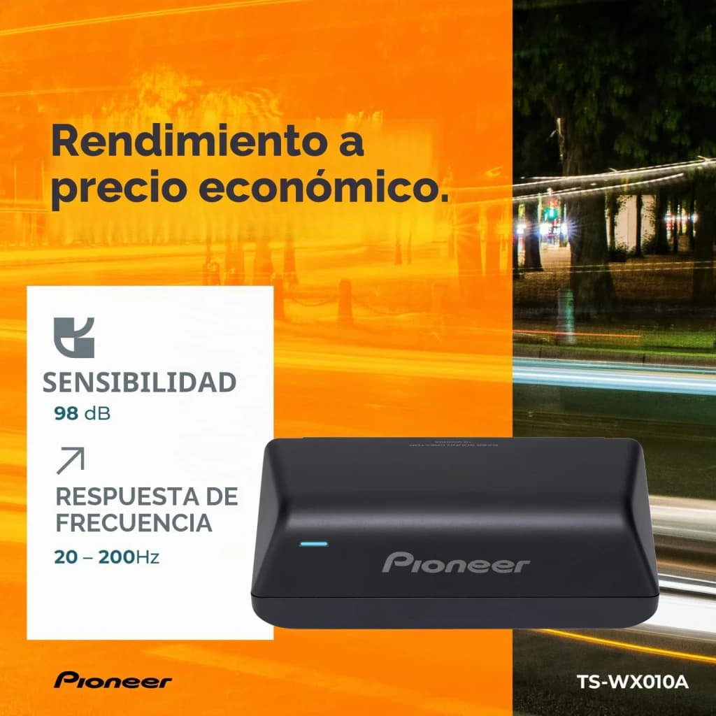 Caisson de basses Pioneer Actif 50W RMS Noir TS-WX010A pour voiture, infographie: sensibilité 98dB et réponse 20-200Hz