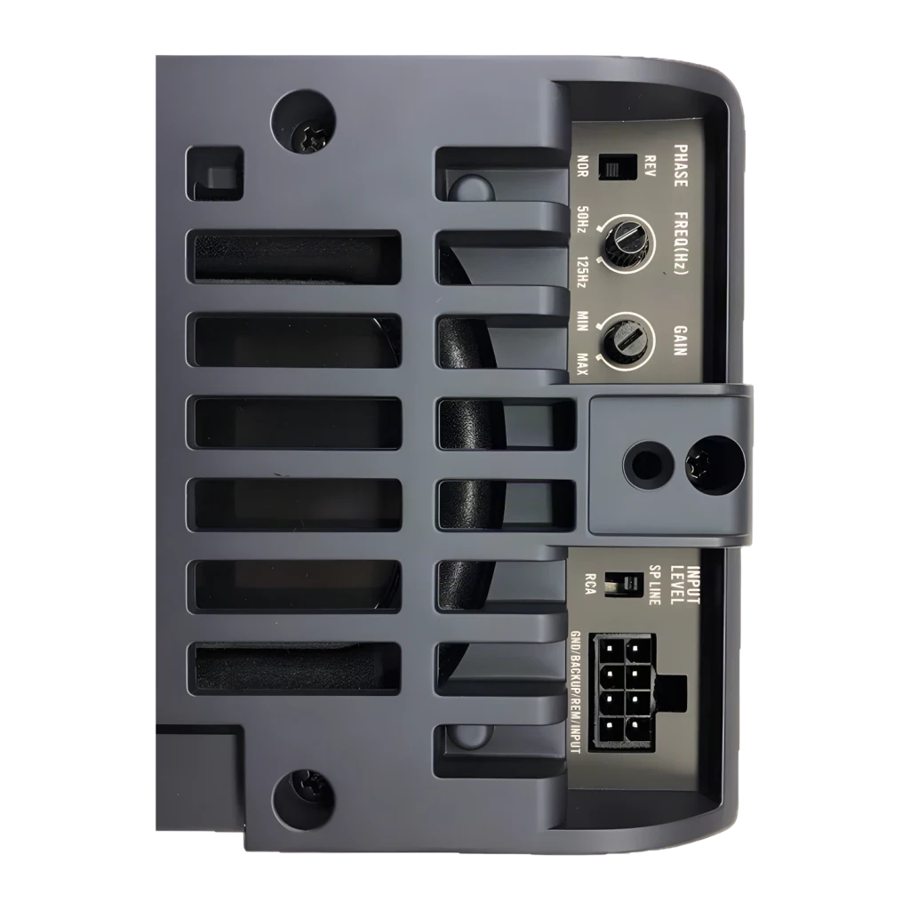 Caisson de basses Pioneer Actif 50W RMS Noir TS-WX010A pour voiture, détail: panneau arrière avec réglages PHASE, FREQ, GAIN