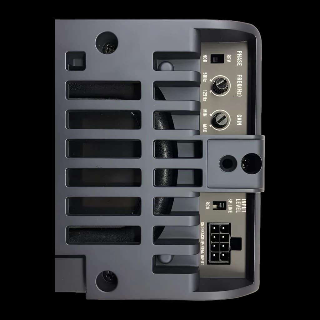 Caisson de basses Pioneer Actif 50W RMS Noir TS-WX010A pour voiture, détail: panneau arrière avec réglages PHASE, FREQ, GAIN