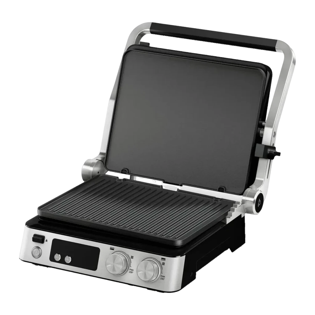 Parrilla eléctrica Braun MultiGrill 7 CG 7040 2000W 6 personas Acero Inoxidable, detalle: tapa abierta con placas acanaladas