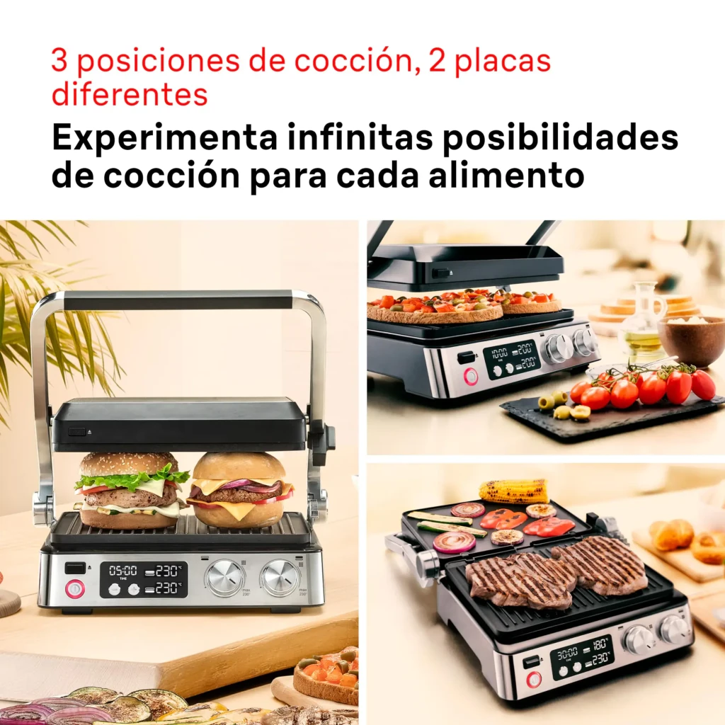 Parrilla eléctrica Braun MultiGrill 7 CG 7040 2000W 6 personas Acero Inoxidable, 3 vistas: abierta con hamburguesas, plana