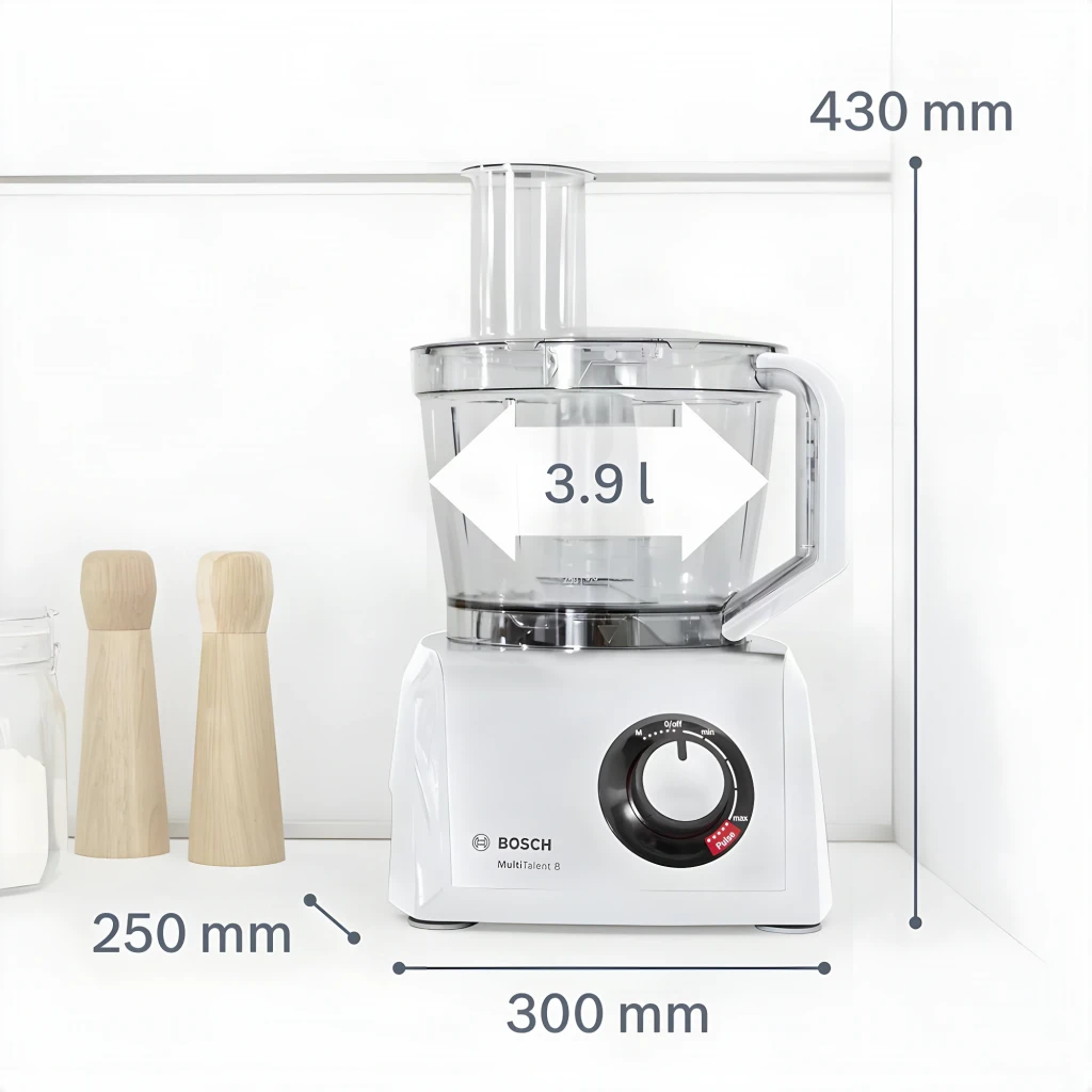 Robot de cozinha Bosch MultiTalent 8 3,9L 1000W Branco MC812W501, dimensões: cotas 430×300×250 mm e capacidade 3,9 l