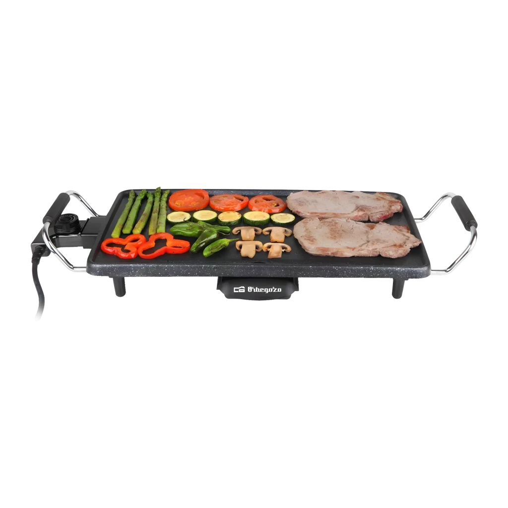 Barbacoa eléctrica Orbegozo 2200W 430x220mm Negro TBC 3000, vista frontal: plancha con verduras y carne, asas cromadas
