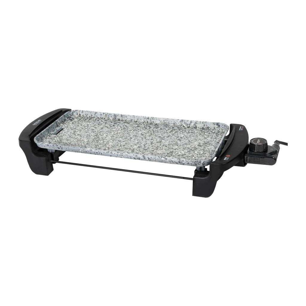 Plancha de asar Cecotec Rock&Water 2000 1800W Negro, vista frontal: superficie de piedra gris, base negra y mando lateral
